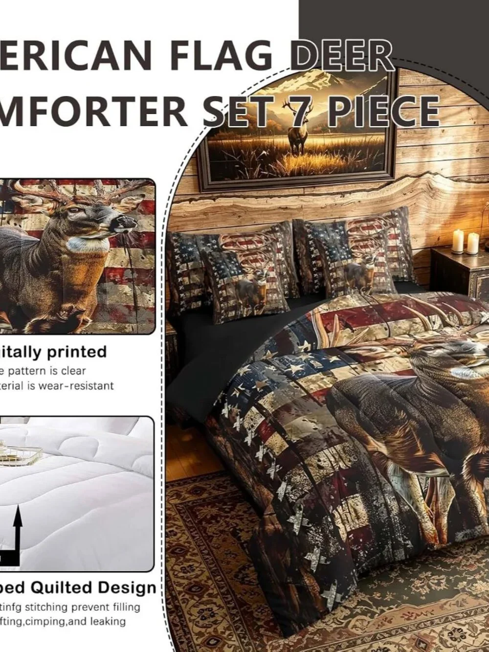 Deer Hunting Comforter Set with Sheets American Flag 7 Piece Bedding Set Queen S